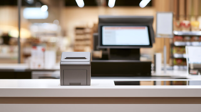 Modern electronic receipt printer on counter at store checkout with blurred background in supermarket retail shop for sales and transaction