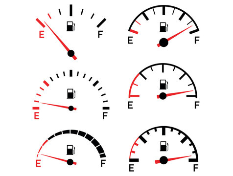 Set of isolated gas fuel gauges showing different levels from empty to full on white background.