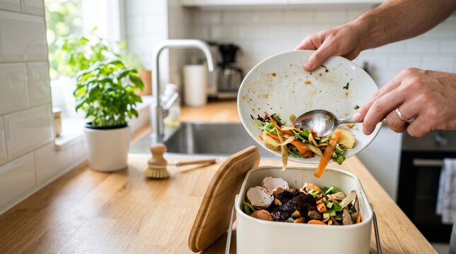 Food waste and home composting concept with hands scraping kitchen scraps into compost bin to reduce landfill and make organic fertilizer