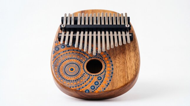 Wooden kalimba thumb piano featuring colorful mandala painted patterns captured with studio lighting on white background
