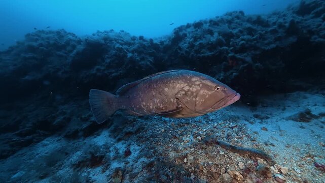 Grouper fish swimming in blue sea waters - Meditarranean Sea underwater