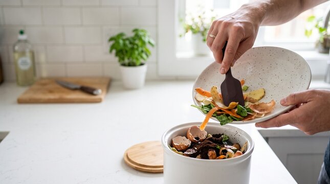 Food waste and home composting concept with hands scraping kitchen scraps into compost bin to reduce landfill and make organic fertilizer