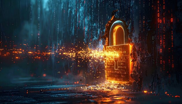 Glowing digital padlock breaking into binary code representing cybersecurity breach and hacking