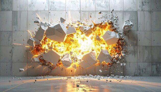 Exploding white concrete wall shattering into flying debris while revealing intense glowing golden light
