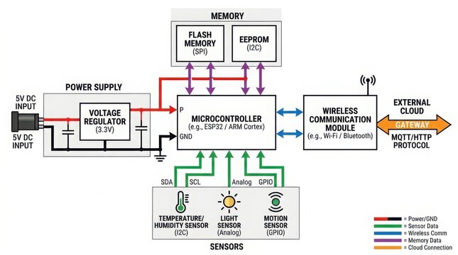 Close-up of a PCB IoT connection diagram with electronic components and wiring in a technical setting