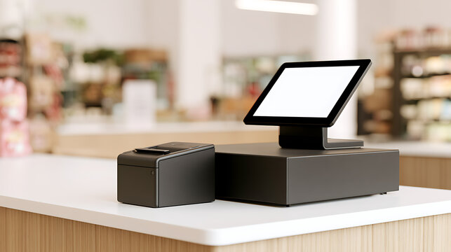 Modern electronic cash register with a touchscreen monitor and receipt printer on a clean counter inside a contemporary retail store environment
