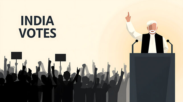 India votes political election concept banner with a leader speaking at a podium before a cheering crowd of supporters raising hands high