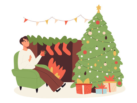 Christmas living room interior. Man relaxing in armchair with decorated Christmas tree, gifts and fireplace flat vector illustration. Holiday home scene