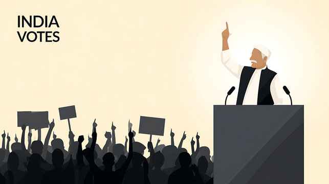 Illustration of politician speak at podium to crowd of supporters hold sign, election campaign vector concept for political rally and vote