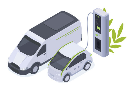 Electric vehicle charging. Electric car beside charging station flat vector illustration. Sustainable transport concept