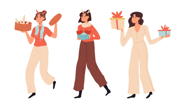 Festive women with gifts. Women carrying Christmas gifts boxes in holiday gathering flat vector illustration set. Christmas party people