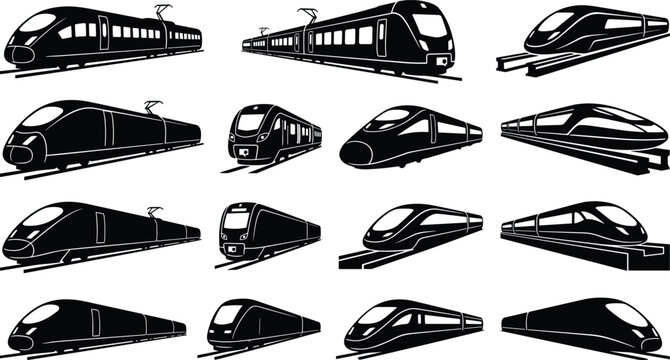Set of black silhouettes of high-speed modern trains and railway transport on tracks