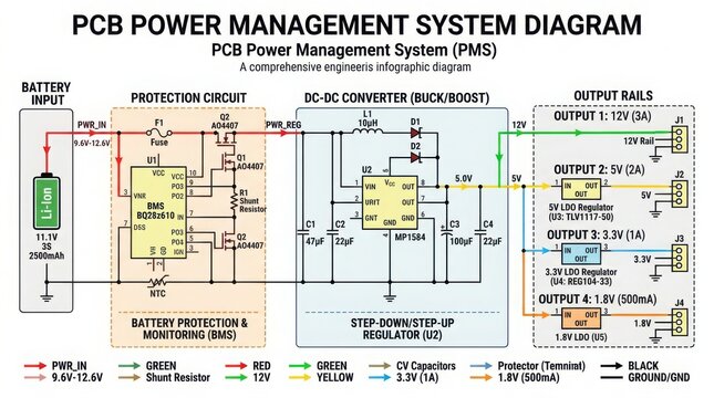 Engineer analyzing PCB power management system diagram in technical setting with clear details