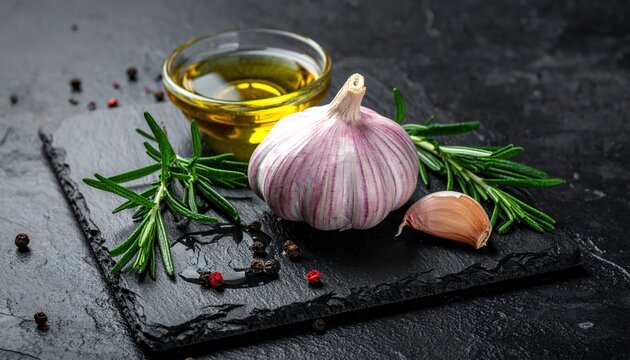 Fresh garlic bulbs, rosemary sprigs, peppercorns and olive oil droplets arranged on rough black slate board