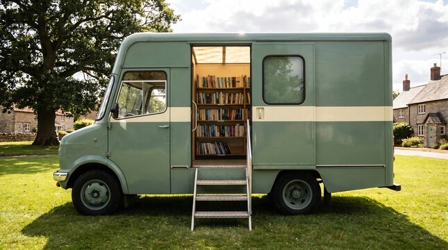 Rural Services Concept, A Mobile Library Van Open On A Quiet Village Green