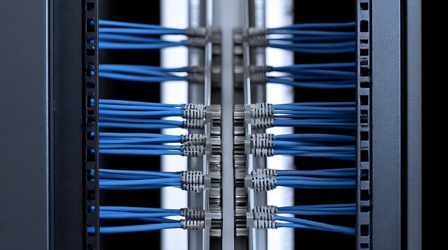 Server rack interior with organized blue ethernet patch cables connected to patch panels in a modern data center communications room