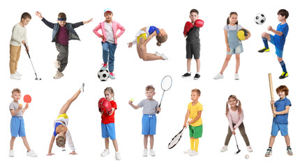 Fototapeta premium Children with various sports equipment, collage of portraits on white background. Classes in different sports