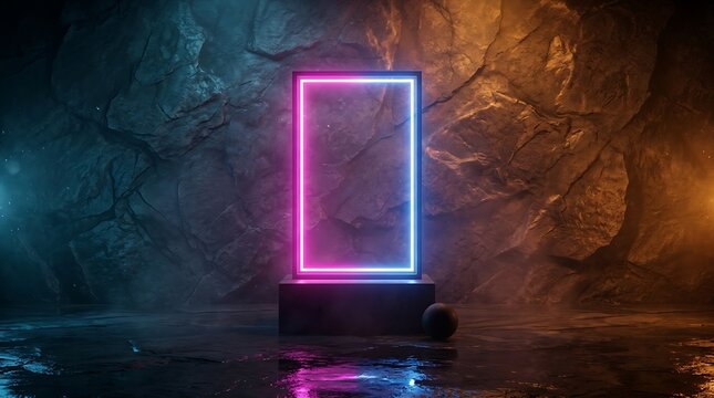 Rectangular neon frame glowing with pink and blue light on a dark pedestal against a textured rocky cave wall background