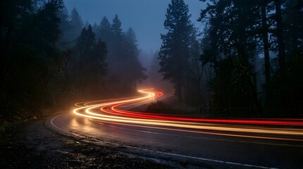Obraz premium Car Light Trails Curve on a Foggy Forest Road at Night
