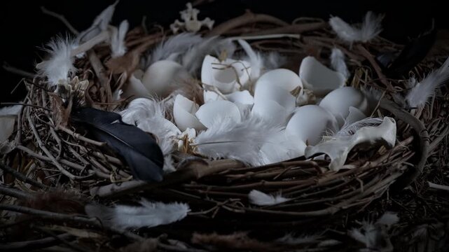 Hatched eggs in the nest, baby birds left the nest. Inside large nest with eggs shells sticks end small animal bones. Wildlife illustrative nature scene and ecosystem. Empty bird nest.
