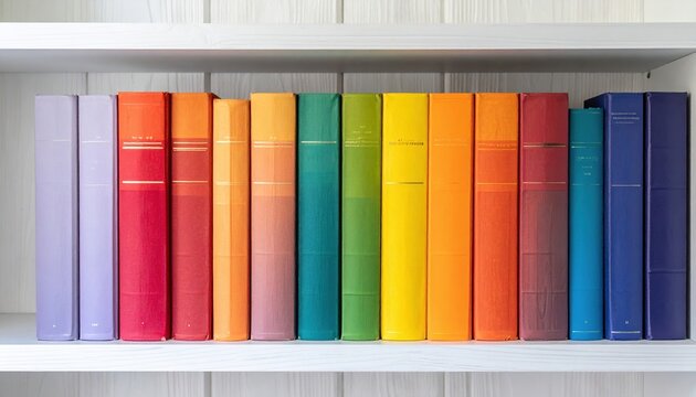 Colorful hardcover books arranged in rainbow gradient across white wooden shelf inside modern office library
