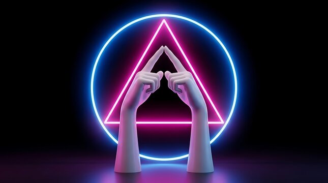 Two pale mannequin hands touching index fingers in front of a glowing pink triangle and a bright blue neon circle on a black background