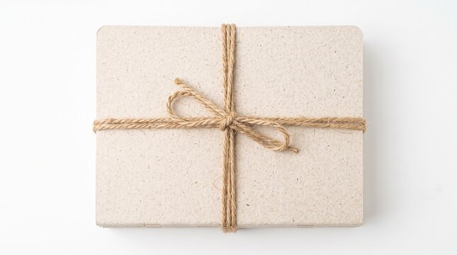 Rectangular cardboard package wrapped with rustic natural twine bow presented from a high angle top view on white background