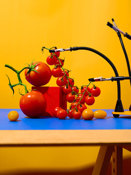 Bright red tomatoes in primary color scene defying gravity