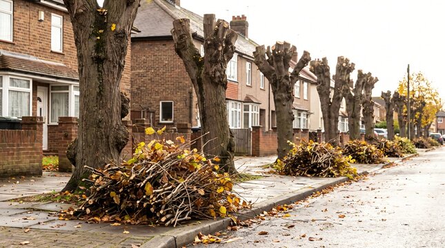 Street Trees Cut Back To Pollarded Stumps Showing Autumn Storm Preparation