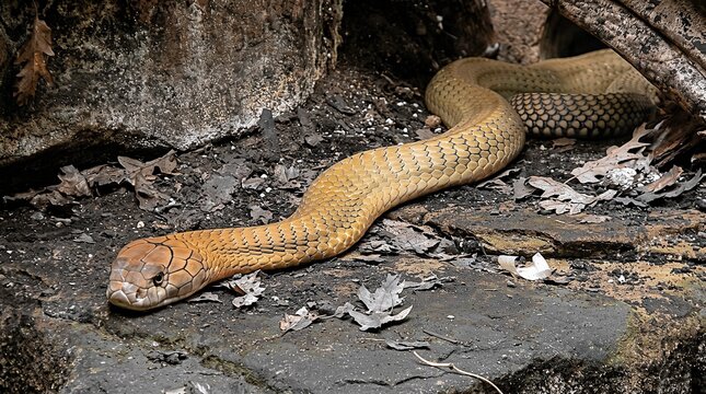 A king cobra slithers over a rocky terrarium floor.