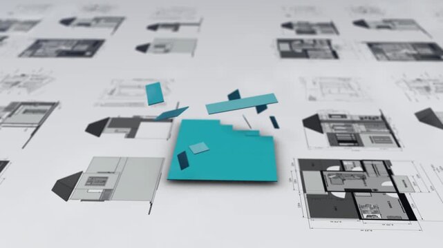 3D Animation of a Modern House Being Built on Architectural Blueprints