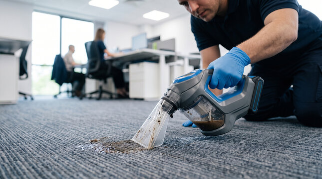 Professional cleaner removing coffee stain from office carpet with handheld vacuum