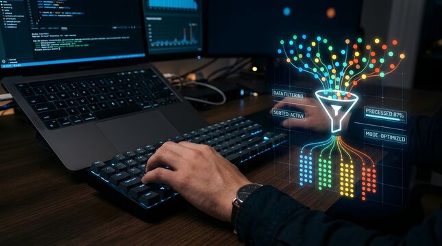 Hands Typing on Keyboard Next to Data Filtering Visualization