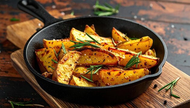 Golden roasted potato wedges seasoned with fresh rosemary served in rustic black cast iron skillet on wooden table