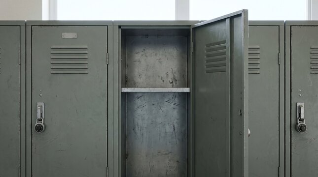 Staff Turnover Concept, One Empty Locker Standing Open Between Two Closed Doors