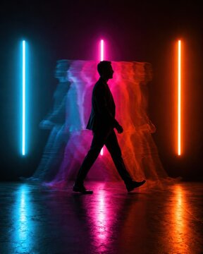 Focused businessman walking in profile with motion blur trails on dark reflective floor against a futuristic cyberpunk background of vertical blue, pink, and orange neon light tubes