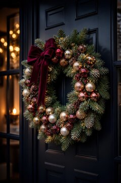 Elegant Christmas wreath on dark front door with festive ornaments
