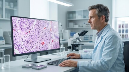 Fototapeta premium Pathologist Reviewing Digital Pathology Images in Modern Laboratory