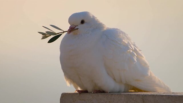 White dove holding green olive branch in beak perched on stone ledge at sunset as symbol of peace and hope