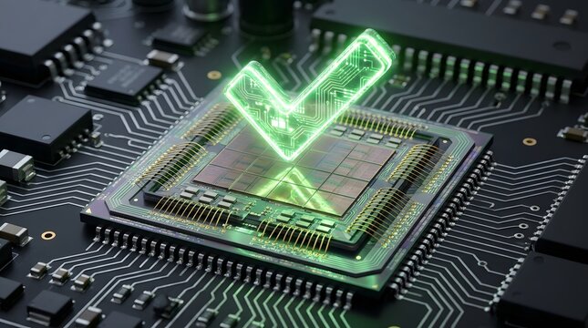 Modern microchip processor with glowing green validation checkmark overlay for tech verification and circuit testing