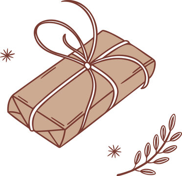 Wrapped gift package with twine string and decorative stars for holidays and special occasions.