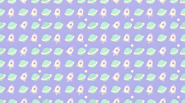 Cute alien heads and UFOs on purple background