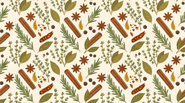 Culinary spice and herb seamless pattern with cinnamon sticks.
