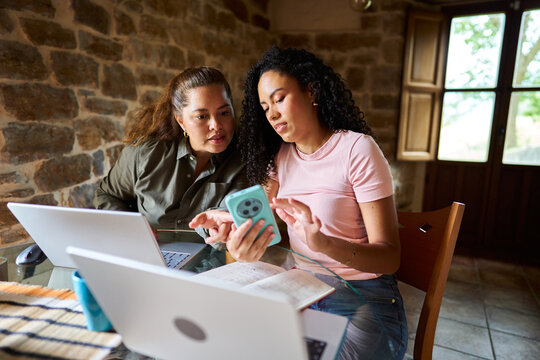 Women working online at home using smartphone and laptops