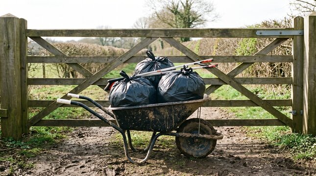 Community Clean Up Concept, Wheelbarrow At A Field Gate Loaded With Rubbish Sacks