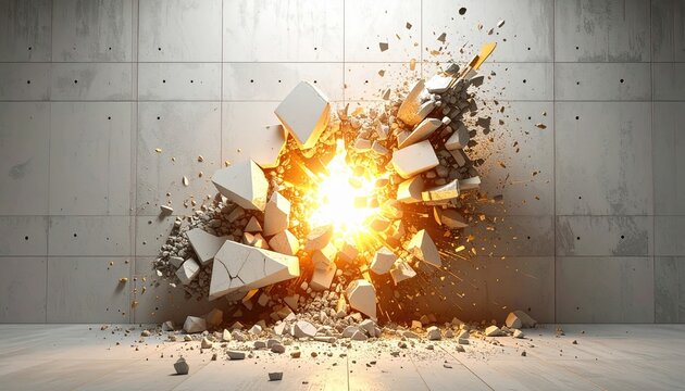 Exploding white concrete wall shattering into flying debris while revealing intense glowing golden light