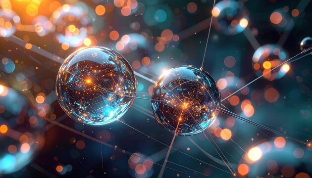 Glowing glass spheres connected by thin metal wires forming complex futuristic communication network