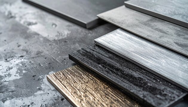 Industrial material display board showing brushed titanium, anodized aluminum and textured polymer samples
