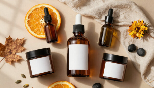 Premium organic skincare products in elegant amber glass bottles with natural orange slices, leaves, and stones arranged on a soft beige background for wellness and beauty