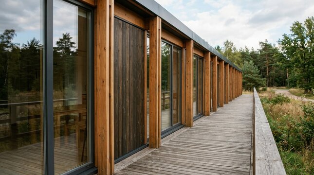 Modern wooden architectural building exterior with long deck pathway and forest view
